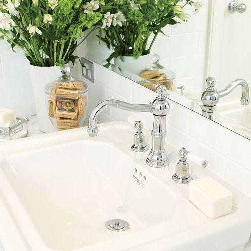 Perrin & Rowe - Three hole basin set with country spout and white porcelain levers