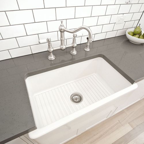 Acquello - White fireclay sink with waste and rack 760 x 460 x 250mm