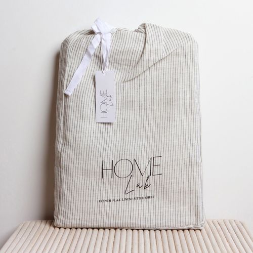 100% French Flax Linen Fitted sheet - Charcoal Pinstripe