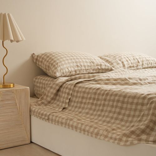 100% French Flax Linen Sheet Set Natural Gingham