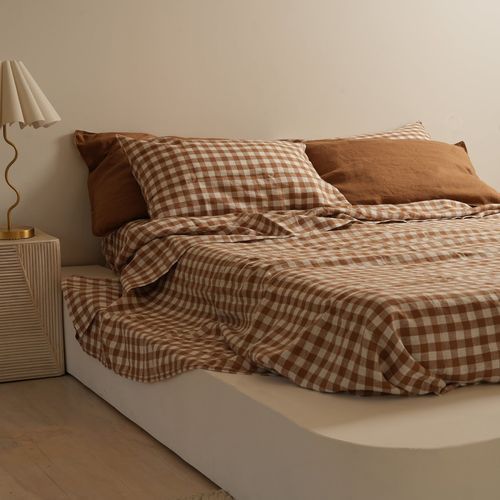 100% French Flax Linen Sheet Set - Ginger Gingham