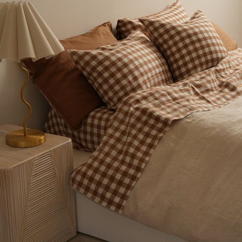 100% French Flax Linen Sheet Set - Ginger Gingham