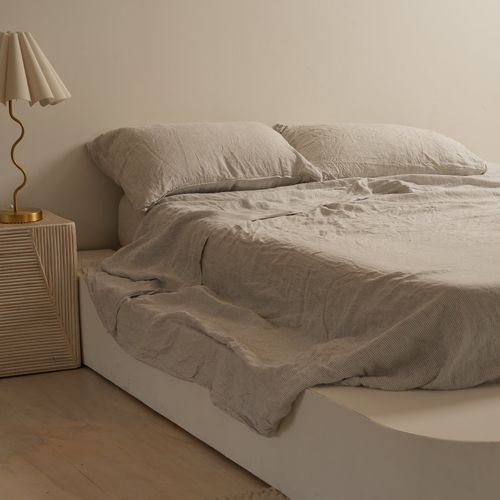 100% French Flax Linen Sheet Set - Charcoal Pinstripe