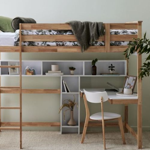 Buddy King Single Loft Bed with Desk and Shelves | Natural Hardwood Frame