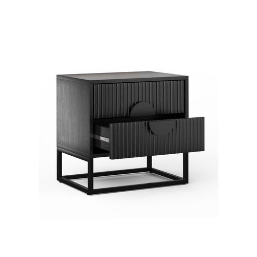 Braxton 2 Drawer Ripple Slatted Bedside Table | Black Oak