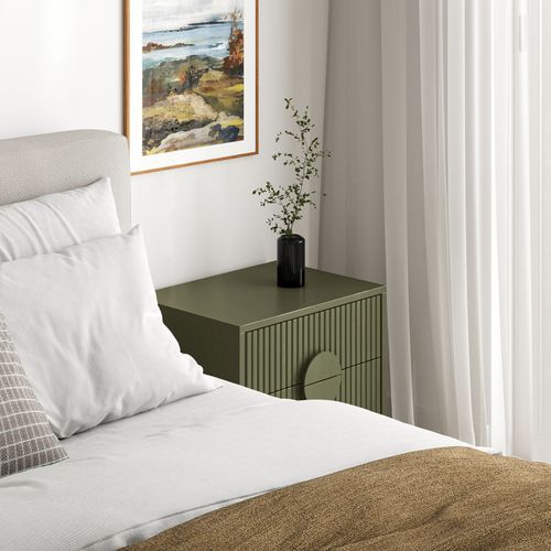 Braxton 2 Drawer Ripple Slatted Bedside Table | Olive Green