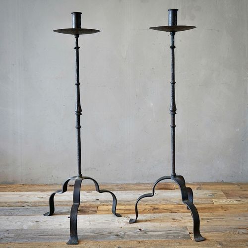 Large Antique Italian Wrought-Iron Candlesticks (Pair)