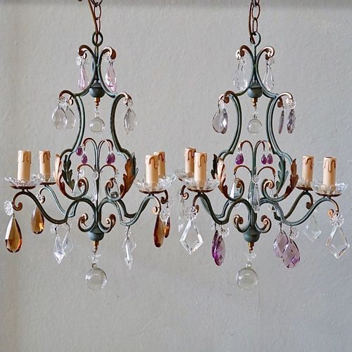 French Wrought Iron & Glass Chandeliers (pair)