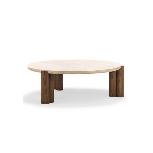Amaya 110cm Round Travertine Coffee Table | Cream & Brown Oak