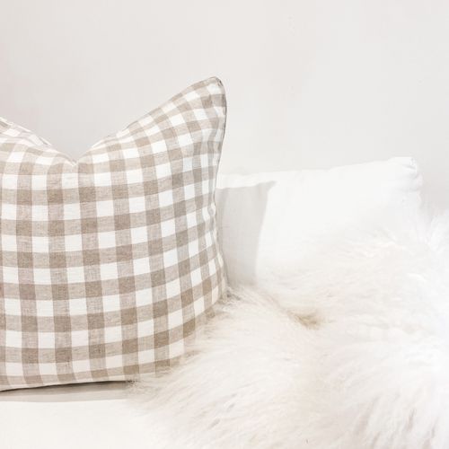 100% French Flax Linen Feather filled Cushion- Natural Gingham