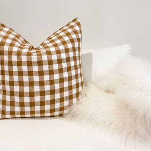100% French Flax Linen Feather filled Cushion- Ginger Gingham