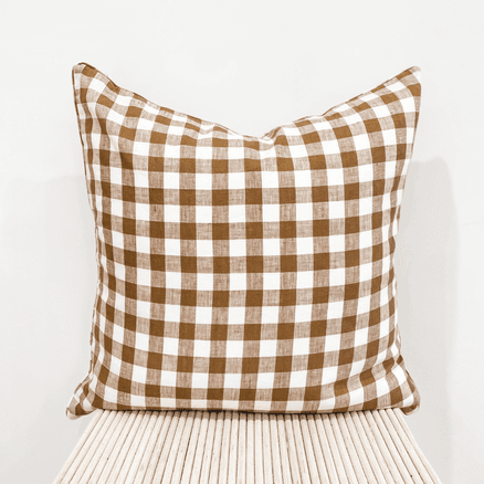 100% French Flax Linen Feather filled Cushion- Ginger Gingham