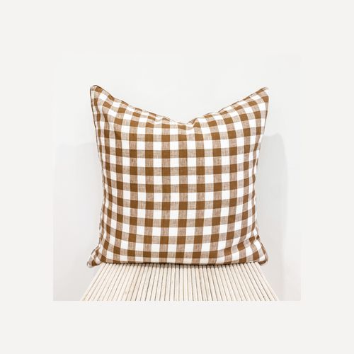 100% French Flax Linen Feather filled Cushion- Ginger Gingham