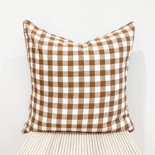 100% French Flax Linen Feather filled Cushion- Ginger Gingham