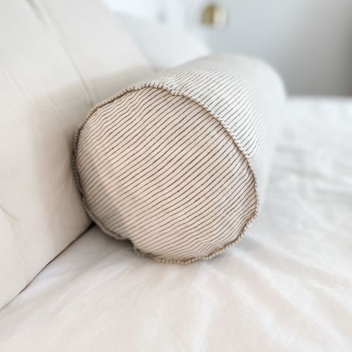 100% French Flax Linen Feather filled Bolster Cushion- Charcoal Pinstripe