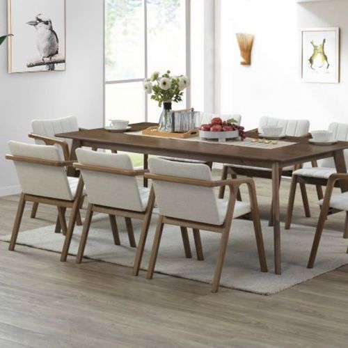 Elm 9PCE Hardwood Dining Set | Walnut & Beige Fabric