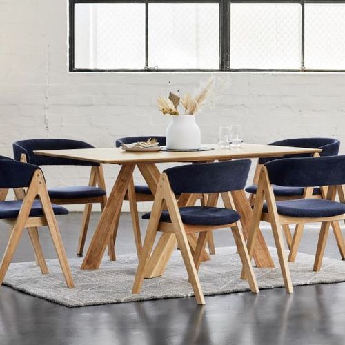 Gaudi 7PCE Natural Hardwood Dining Set | Navy Blue