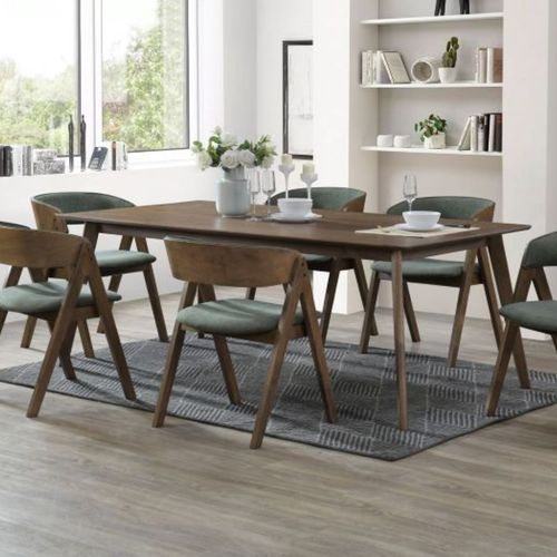 Gaudo 7PCE Hardwood Dining Set | Walnut & Green Fabric