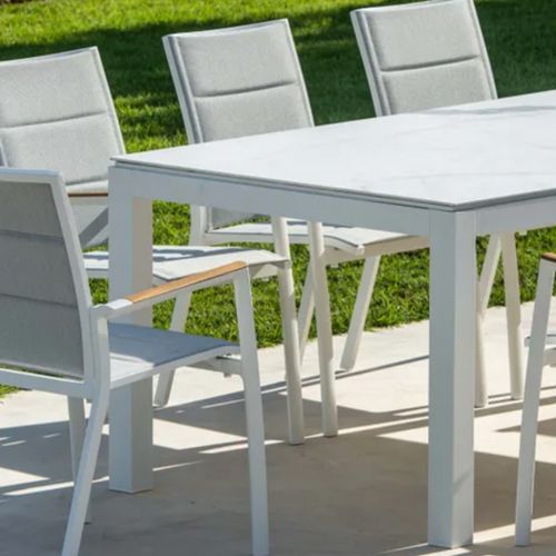 Danli Ceramic Outdoor Table & 8 Sevilla Teak Arm Chairs