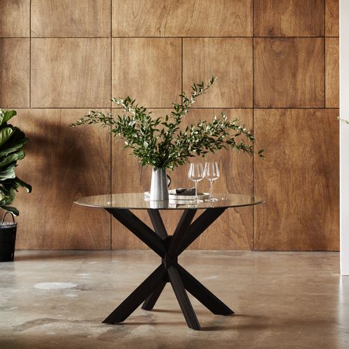 Bella Round Glass Dining Table | Black Hardwood Frame