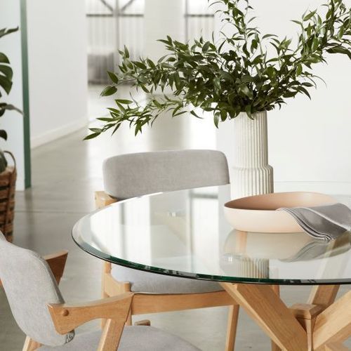 Bella Round Glass Dining Table| Natural Hardwood Frame
