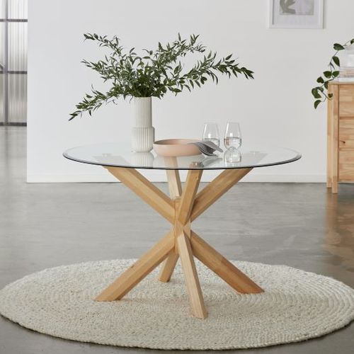 Bella Round Glass Dining Table| Natural Hardwood Frame