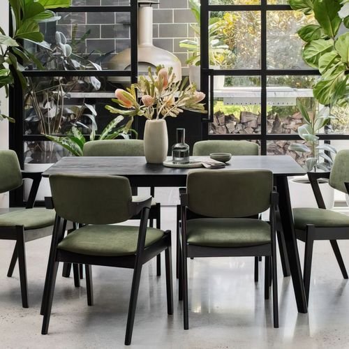 Cannes 7PCE Hardwood Black Dining Set | Green Fabric
