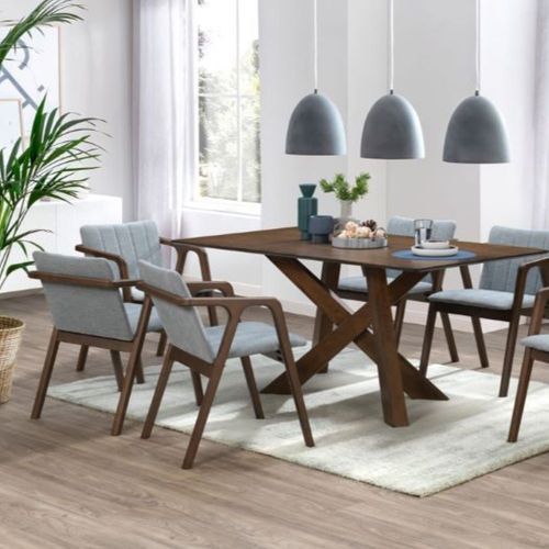 Cruz 7PCE Hardwood Dining Set | Walnut | Grey Fabric