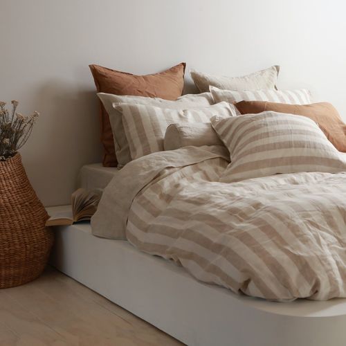 100% French Flax Linen Duvet Cover Set - Natural Stripe