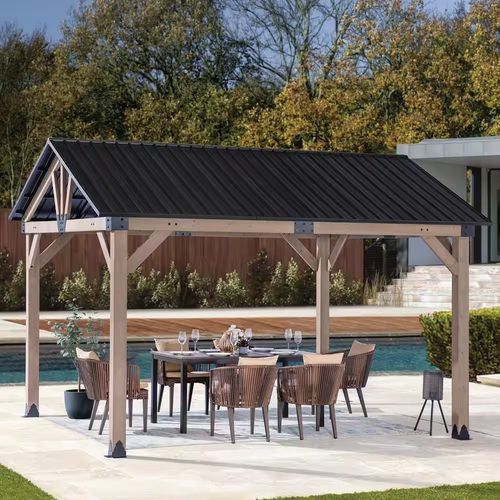 Cedar Wood Patio Gazebo with Black Hard Top Roof