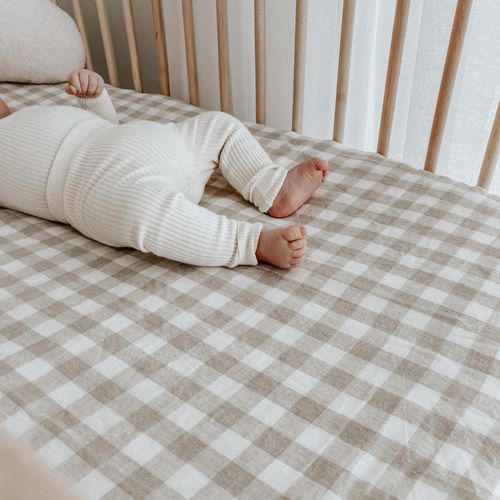 100% French Flax Linen Fitted Cot sheet- Natural Gingham