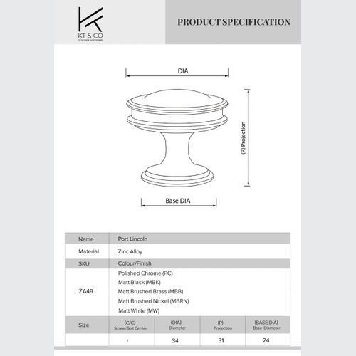 Kitchen drawer knobs Port Lincoln Matt black / brushed brass /Brushed nickel /chrome / Matt white