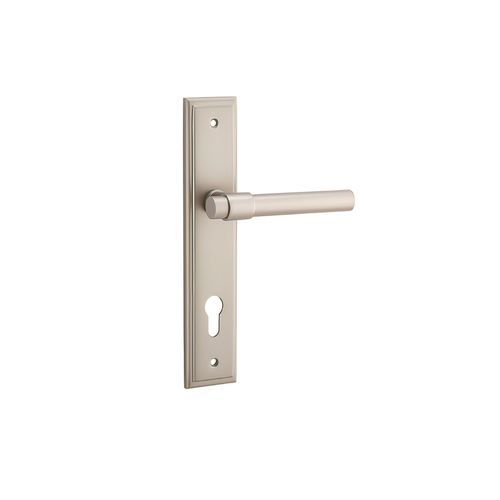 Iver Helsinki Door Lever on Stepped Backplate Satin Nickel