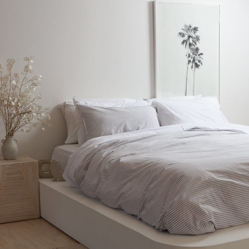 100% Stonewashed Cotton Duvet Set- Wide Light Grey Stripe