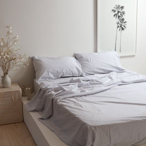 100% Stonewashed Cotton Sheet Set- Wide Light Grey Stripe