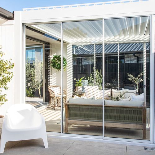 Glass Sliding Door For Caribbean Wall Mounted Pergola