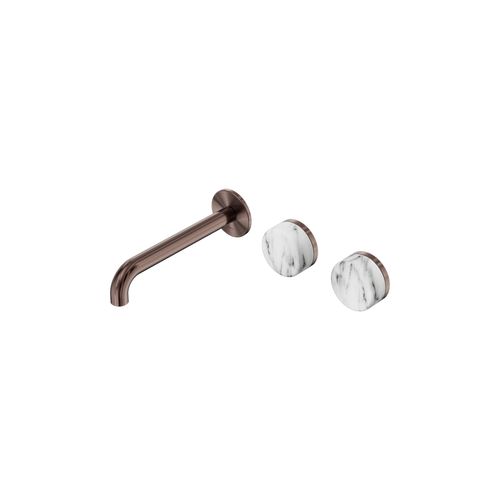 Serenity Wall Basin Set 185mm Offset Spout With Arabescato Corchia Handle Brushed Bronze