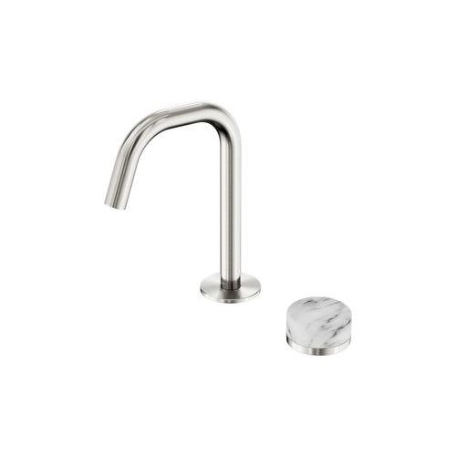 Serenity Basin Mixer Edge Spout Arabescato Corchia Handle Brushed Nickel