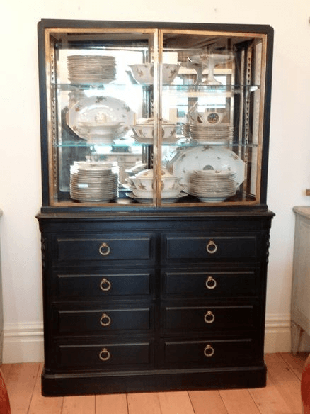 Antique Ebonised Vitrine With Brass And Glass Shelves