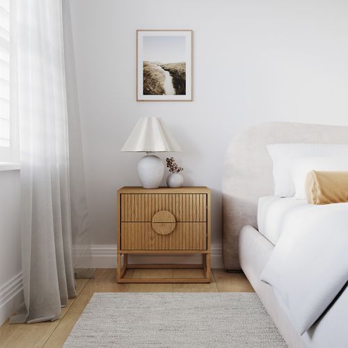 Braxton 2 Drawer Ripple Slatted Bedside Table | Natural Oak