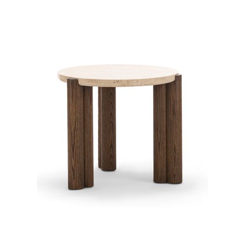 Amaya 55cm Travertine Round Side Table | Cream & Brown Oak