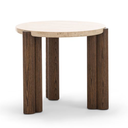Amaya 55cm Travertine Round Side Table | Cream & Brown Oak