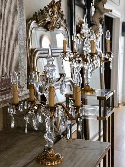 Pair of Antique Gilt Bronze and Crystal Girandoles