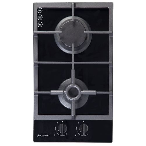 Artusi 30cm Domino Dual Gas Cooktop - With Cast Iron Trivet in Black Glass