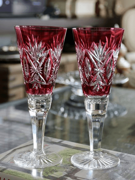 A Pair f Val St Lambert Cranberry Crystal Wedding Glasses