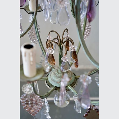 French Antique Verdigris Brass & Glass Chandelier