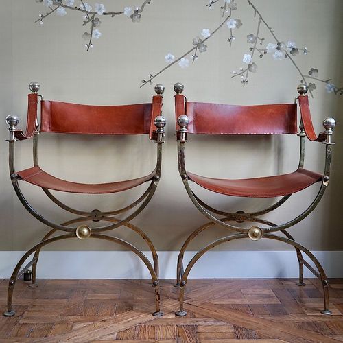 Vintage Iron & Leather Curule Chairs (Pair)