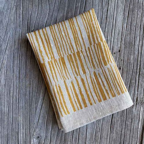 Hand-printed 100% Linen Tea Towel - Twigs, Mustard