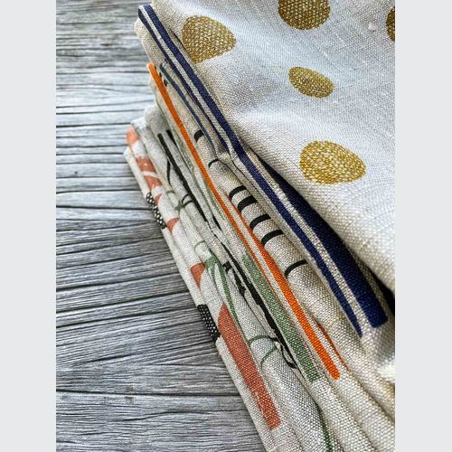 Hand-printed 100% Linen Tea Towel - Spots, Mustard