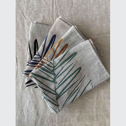 Hand-printed 100% Linen Tea Towel - Leaf, Navy Blue